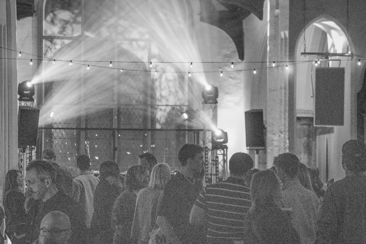 Crowds gather before the first set at St Stephen's Church